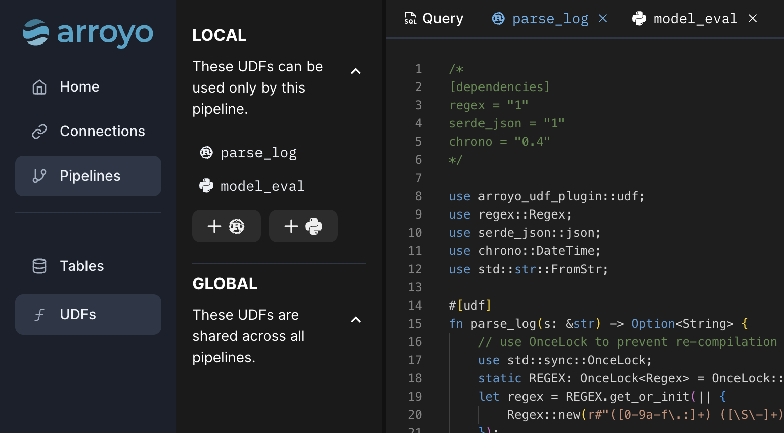 The UDF creation interface